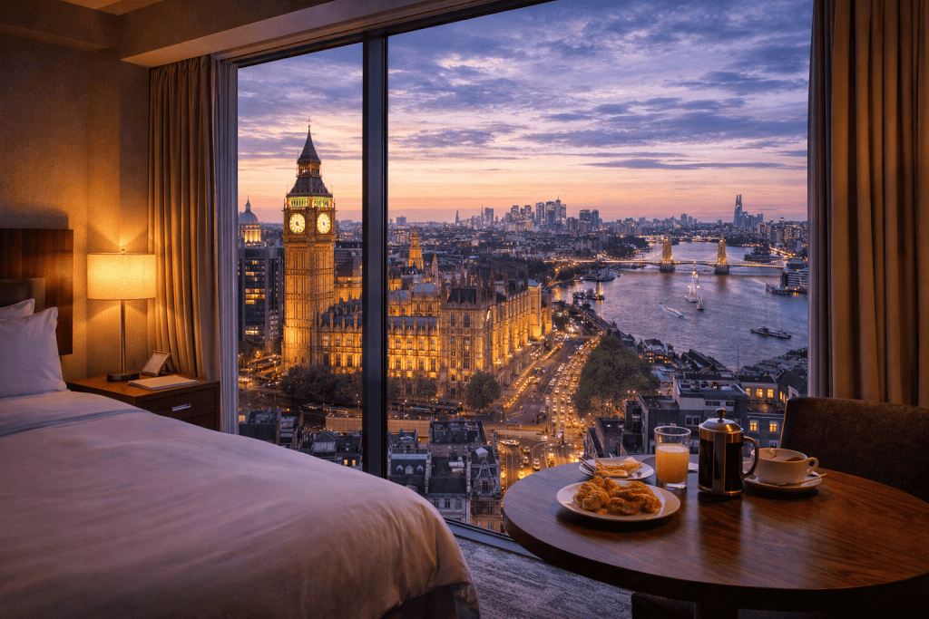 Hotelzimmer mit Blick auf die Londoner Innenstadt