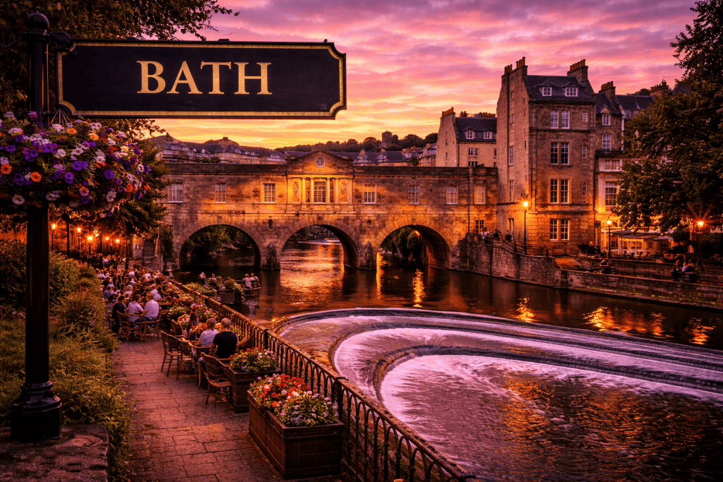 Pulteney Bridge in Bath bei Sonnenuntergang mit Blick auf den River Avon und Altstadt