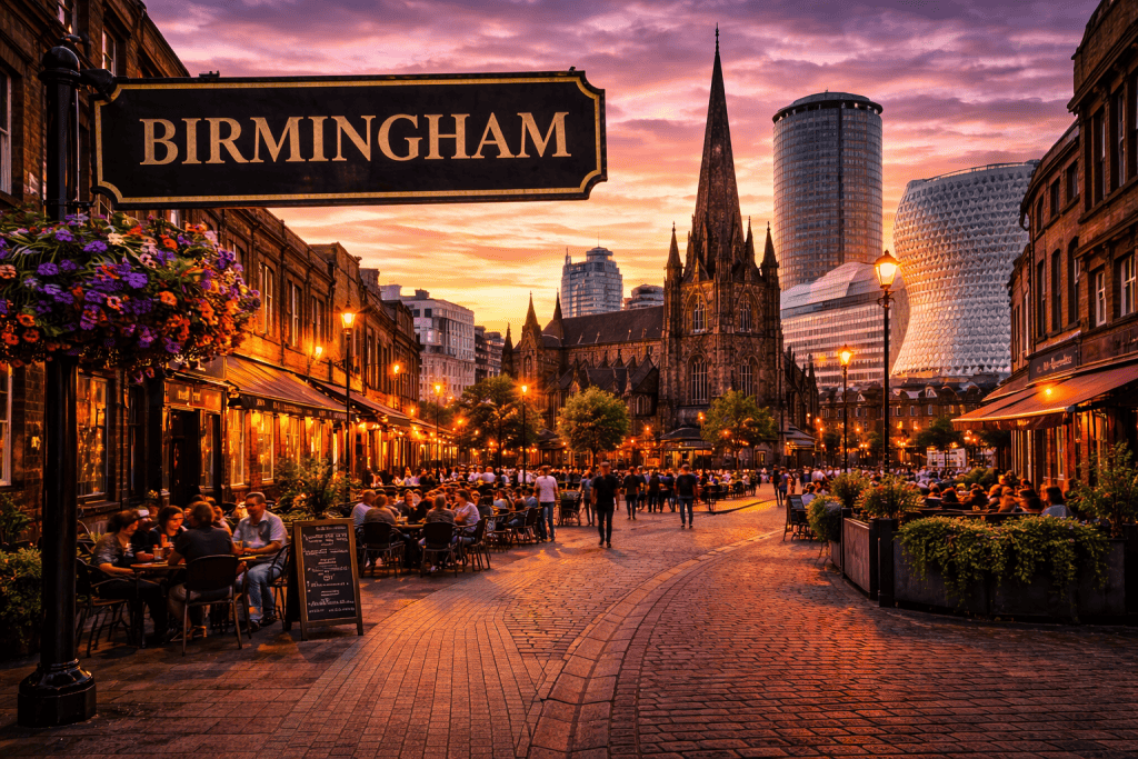 Birmingham Stadtzentrum bei Abendlicht mit St Martin’s Church, moderner Architektur und belebter