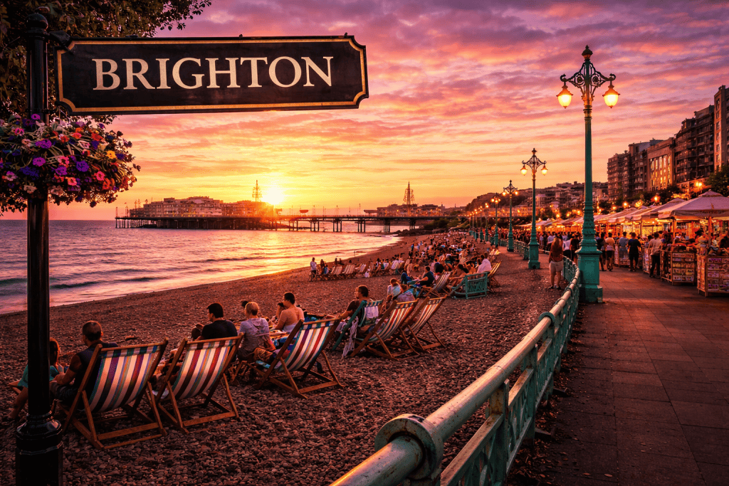 Brighton Strandpromenade bei Sonnenuntergang mit Pier, Meer und belebter Küste