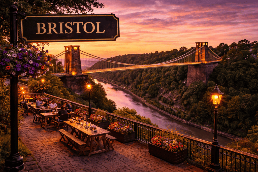 Blick auf die Clifton Suspension Bridge in Bristol bei Sonnenuntergang über dem River Avon