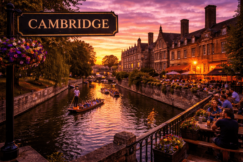 Cambridge Stadtansicht bei Sonnenuntergang mit River Cam, historischen Colleges und Booten