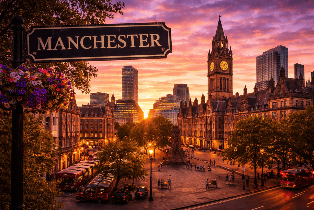Abendliche Straßenszene in Manchester mit historischen Backsteingebäuden, Cafés und Stadtzentrum