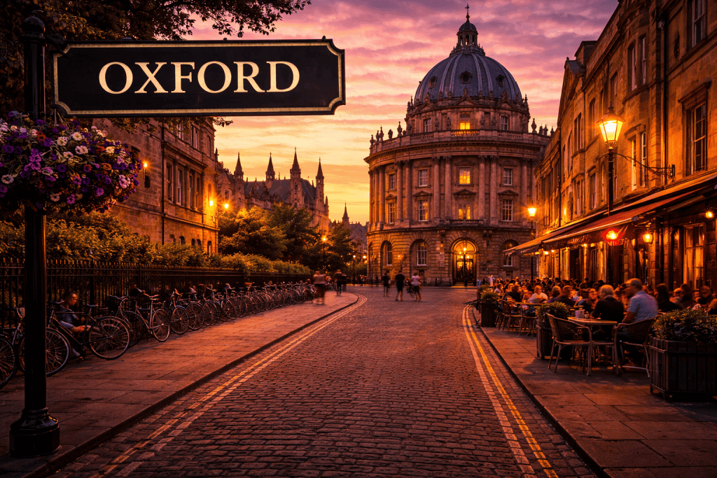 Oxford Altstadt bei Abendlicht mit Radcliffe Camera und historischen Universitätsgebäuden