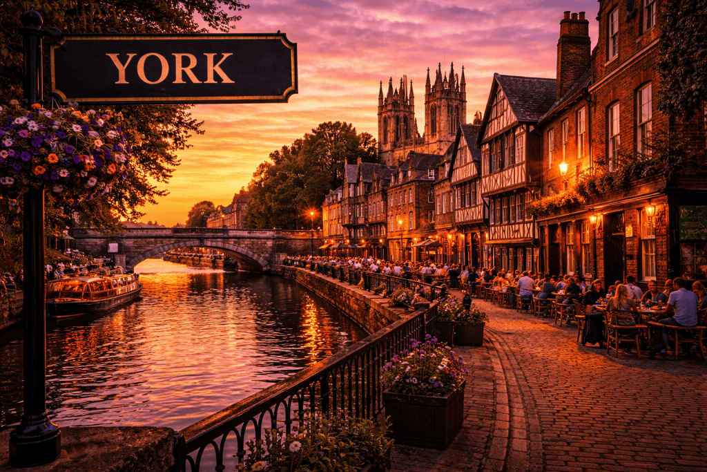 York Altstadt bei Abenddämmerung mit York Minster, Flussufer und historischen Häusern