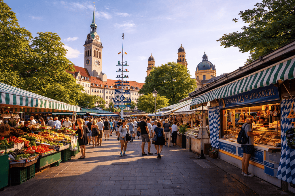 Viktualienmarkt in München mit Marktständen und Biergarten