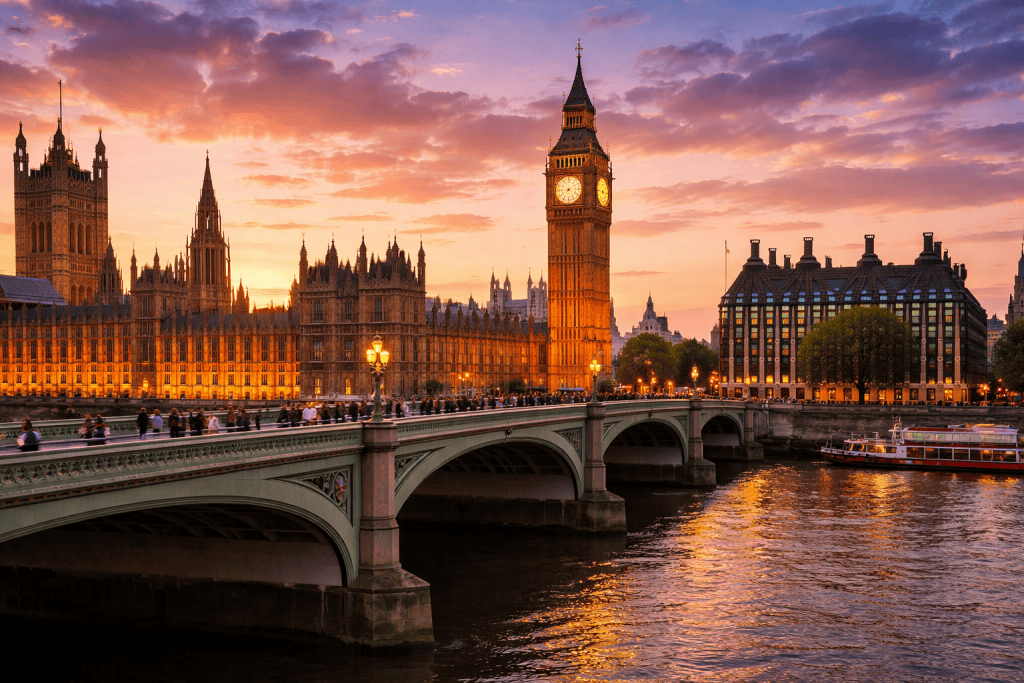 Blick auf Westminster mit historischer Architektur und typischer Londoner Straßenszene