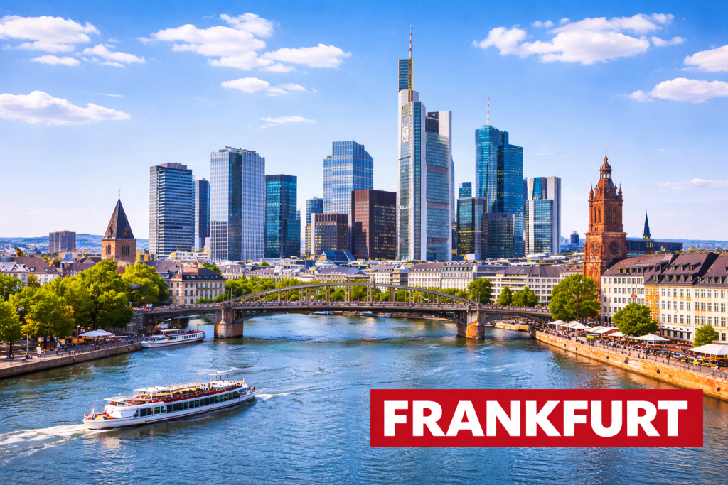 Skyline von Frankfurt am Main mit modernen Wolkenkratzern und Mainufer bei Sonnenschein.