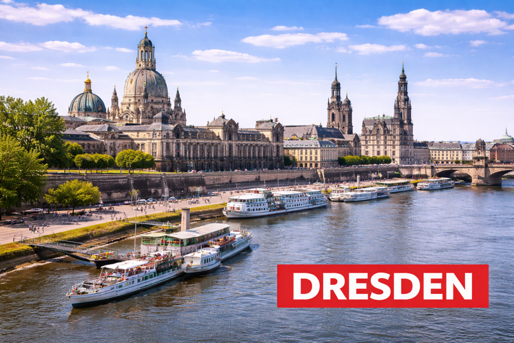 Dresdner Altstadt mit Frauenkirche, Elbe und historischer Barockarchitektur.