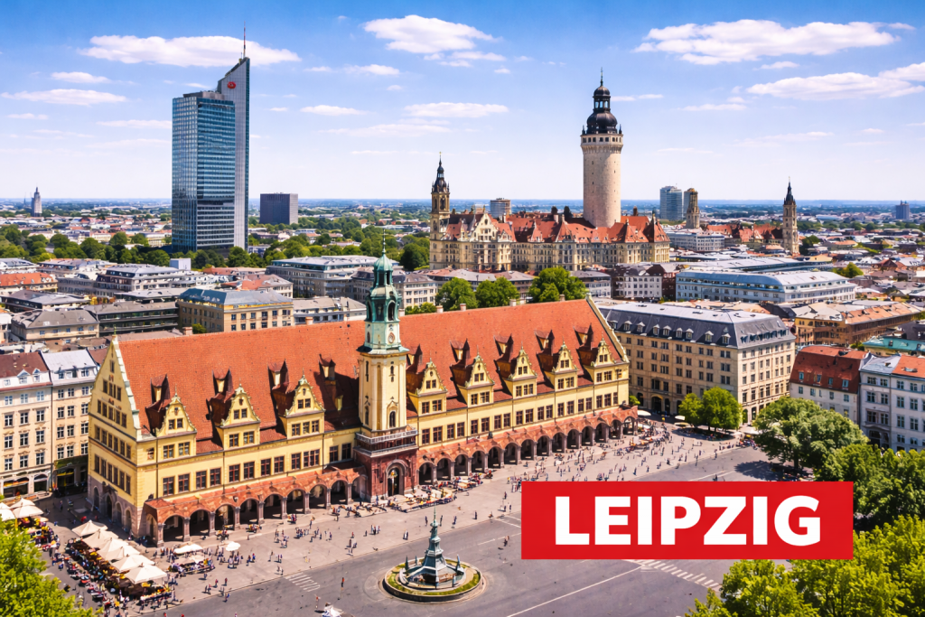 Leipziger Innenstadt mit Marktplatz, historischen Gebäuden und moderner Skyline.