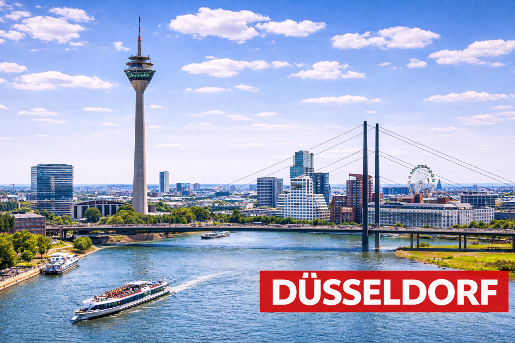 Düsseldorfer Rheinpromenade mit Rheinturm, MedienHafen und moderner Skyline.
