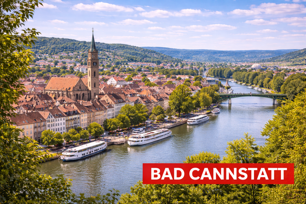 Bad Cannstatt in Stuttgart mit Neckarufer, historischer Altstadt, Kirche und grünen Hügeln im Hintergrund.
