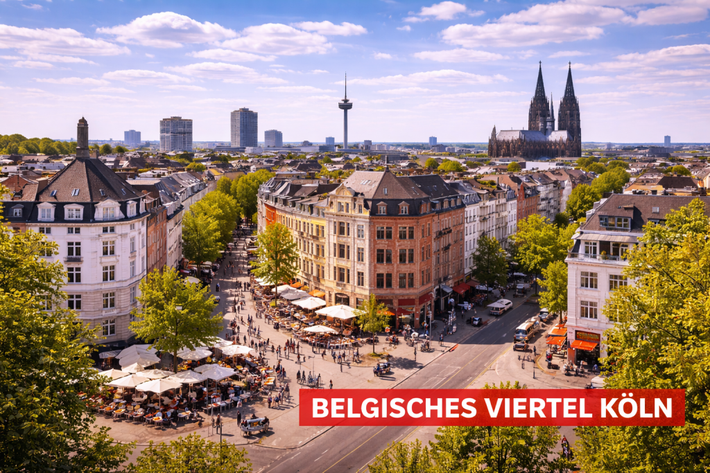 Belgisches Viertel in Köln mit historischen Altbauten, Boutiquen, Cafés und belebter Straße.