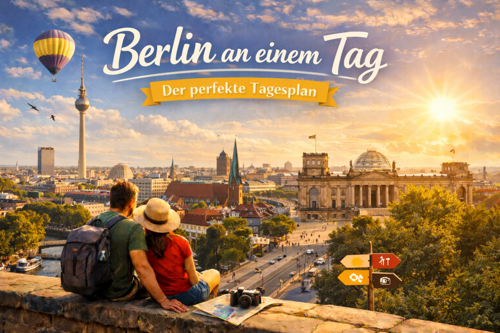 Panorama von Berlin mit Fernsehturm, Reichstag und Spree im Abendlicht, während ein Paar mit Rucksäcken auf einer Mauer sitzt und über die Stadt blickt.