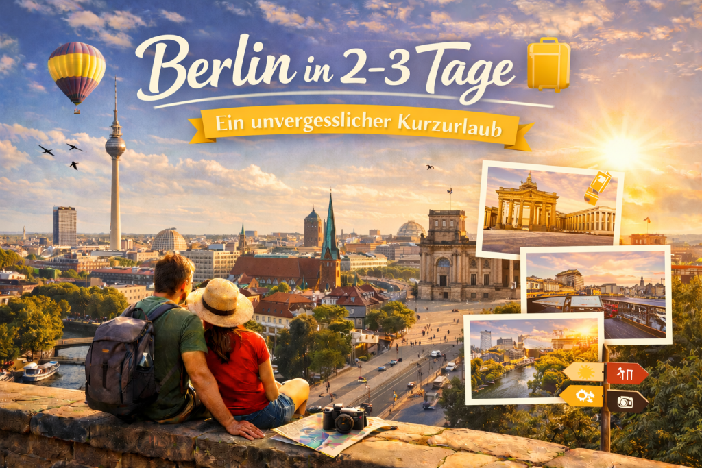 Blick über Berlin mit Fernsehturm, Reichstag und Spree bei goldenem Sonnenuntergang, ergänzt durch kleine Bildkarten mit Highlights der Hauptstadt.