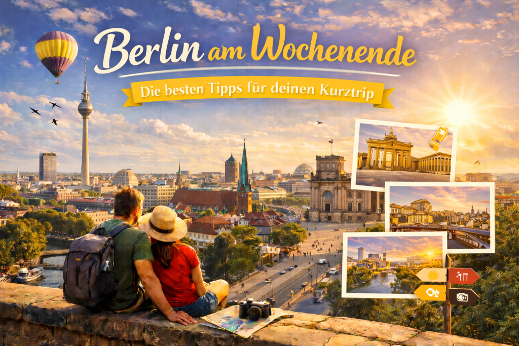 Stimmungsvolle Aussicht auf Berlin mit Fernsehturm, Spree und historischen Gebäuden, ergänzt durch kleine Motive mit Sehenswürdigkeiten für einen Wochenendtrip.