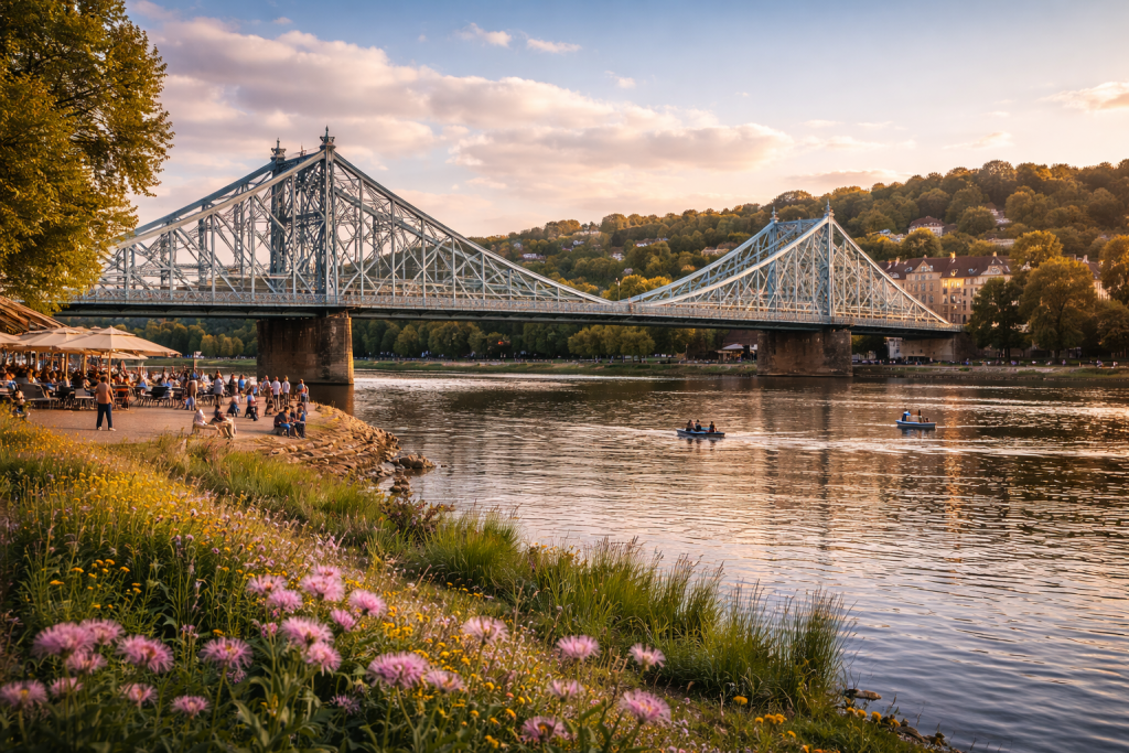 Das Blaue Wunder in Dresden, eine historische Stahlbrücke über die Elbe zwischen Loschwitz und Blasewitz mit Blick auf die Flusslandschaft.