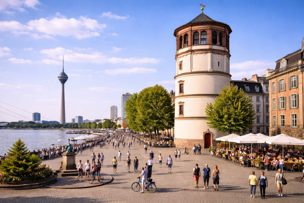 Burgplatz in Düsseldorf mit historischem Schlossturm, Rheinpromenade und Rheinturm im Hintergrund.