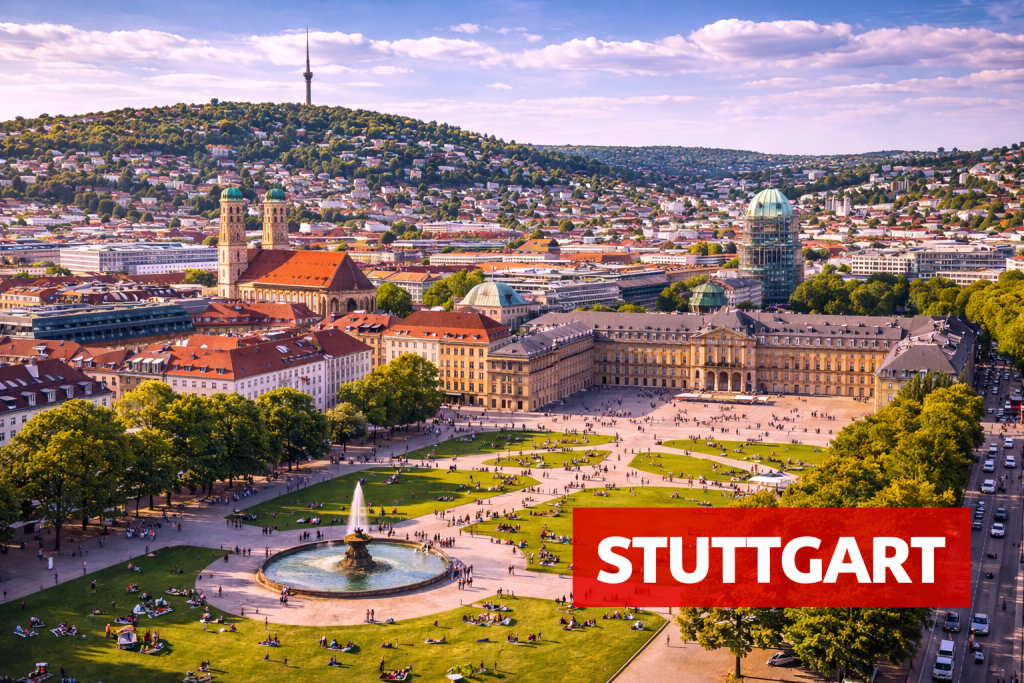 Blick über Stuttgart mit Schlossplatz, Fernsehturm und grünen Hügeln des Talkessels.