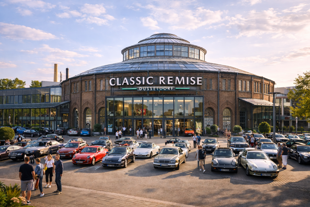 Classic Remise Düsseldorf mit historischem Rundbau und zahlreichen Oldtimern vor dem Eingang.