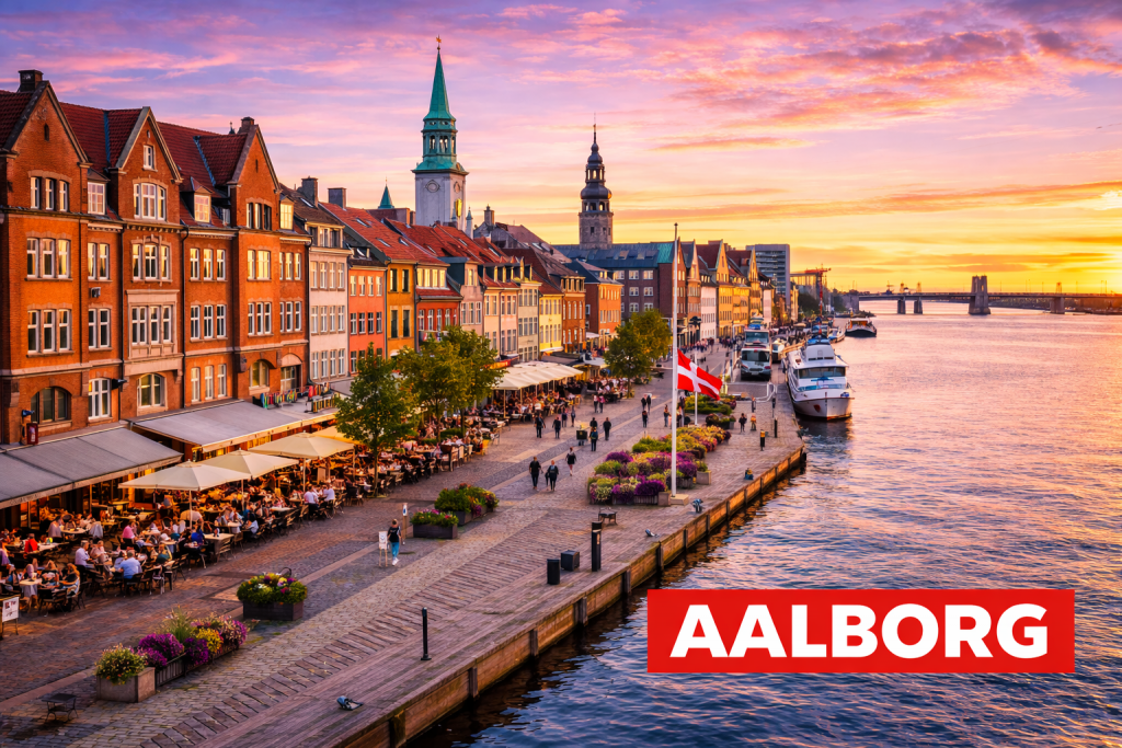 Aalborg mit Hafenpromenade, Limfjord und historischer Innenstadt.