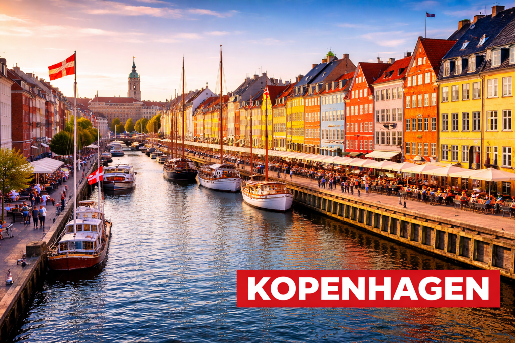 Kopenhagen mit bunten Häusern von Nyhavn, historischen Gebäuden und Booten im Kanal.
