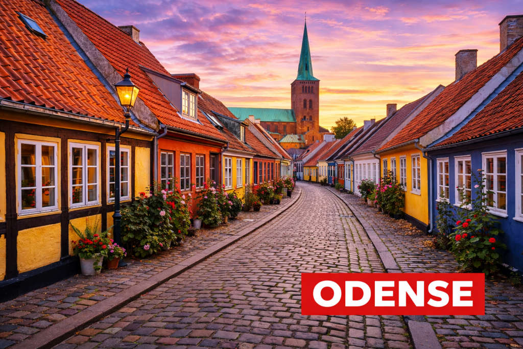 Odense mit historischen Häusern, Altstadtgassen und der Heimatstadt von Hans Christian Andersen.