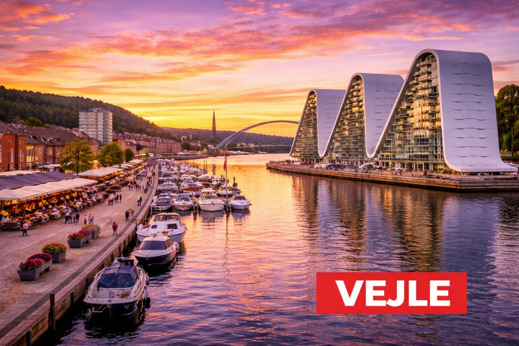 Vejle mit moderner Architektur am Fjord und der bekannten Wellen-Wohnanlage.