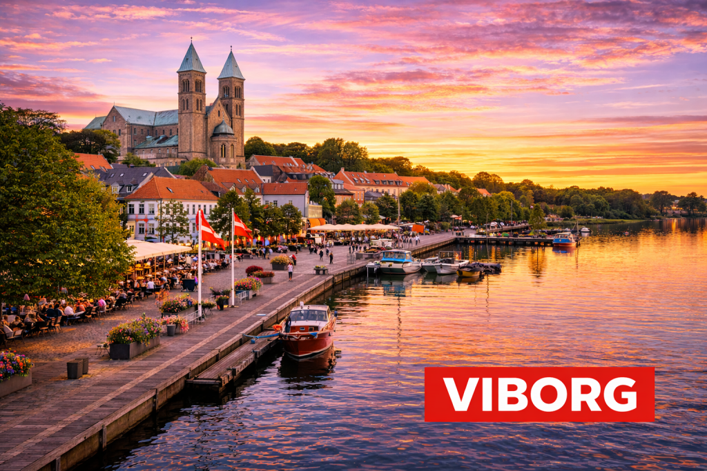 Viborg mit Domkirche, Seeufer und historischer Altstadt.