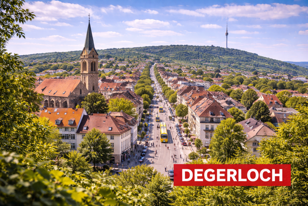 Stuttgarter Stadtteil Degerloch mit Kirche, breiter Straße und Fernsehturm auf dem Hügel im Hintergrund.