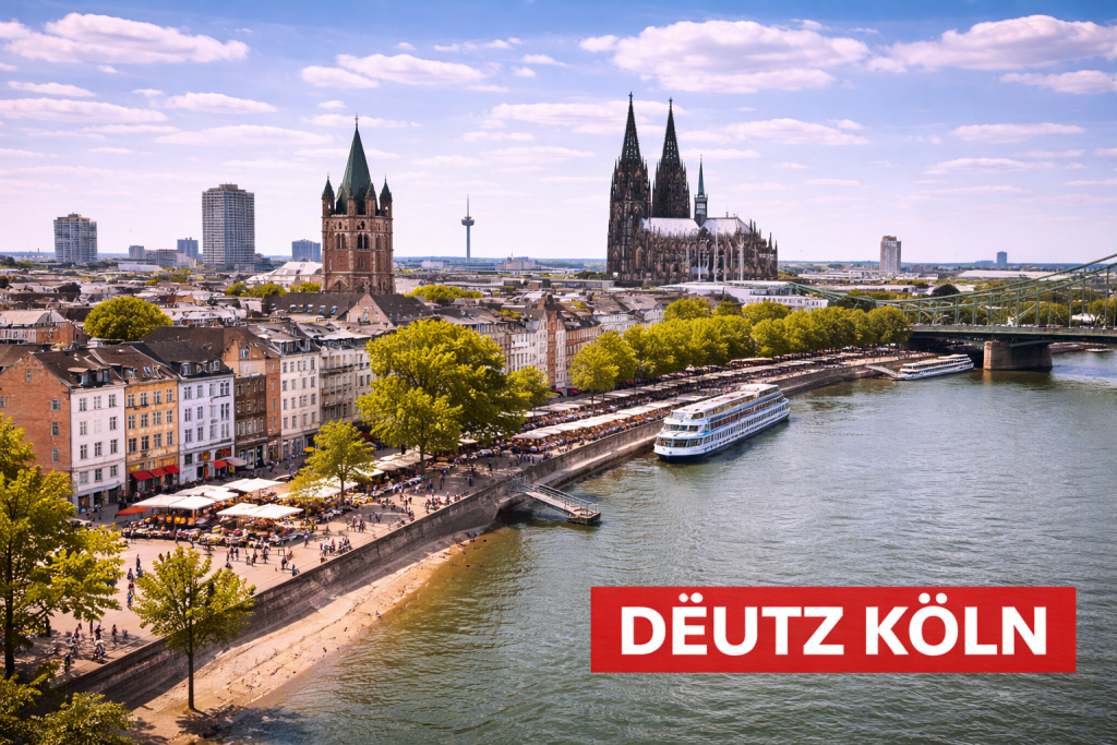 Kölner Stadtteil Deutz mit Rheinpromenade und Blick auf den Kölner Dom über den Rhein.