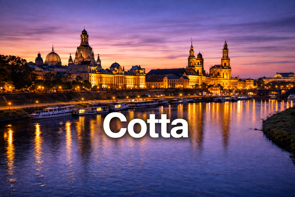 Dresden Skyline bei Sonnenuntergang mit beleuchteter Altstadt und Spiegelung in der Elbe.
