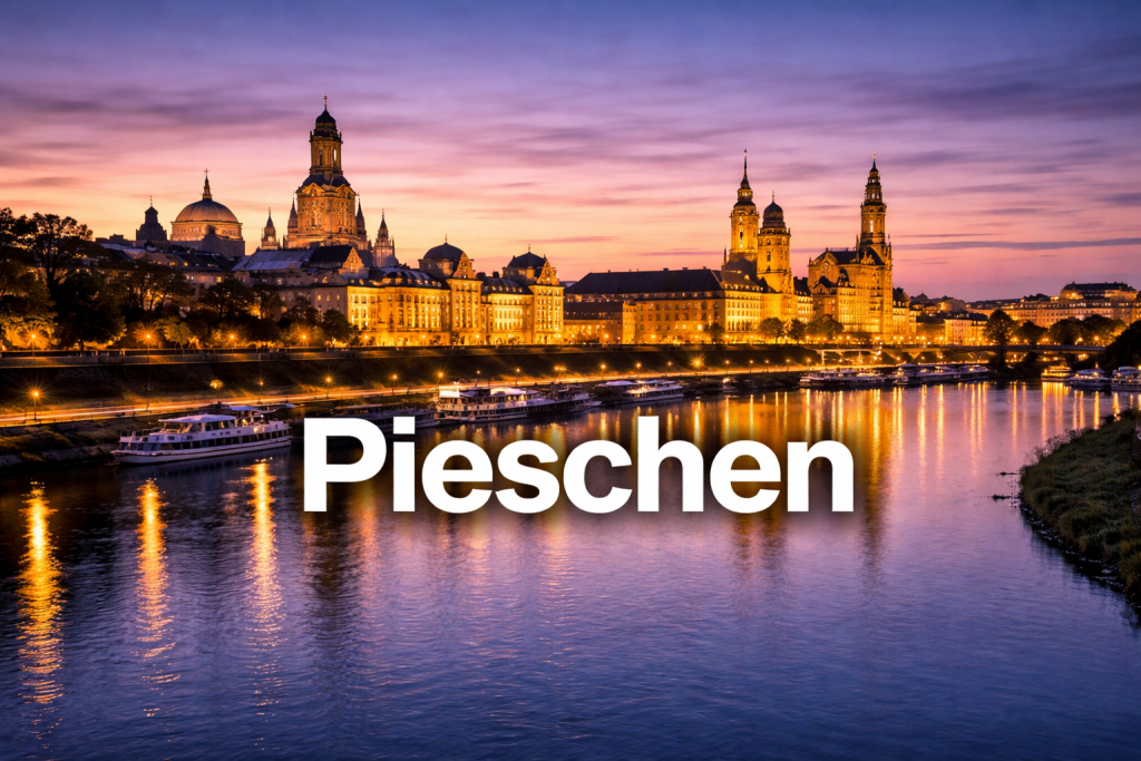 Skyline von Dresden bei Sonnenuntergang mit Blick auf Frauenkirche, Hofkirche und Elbe.