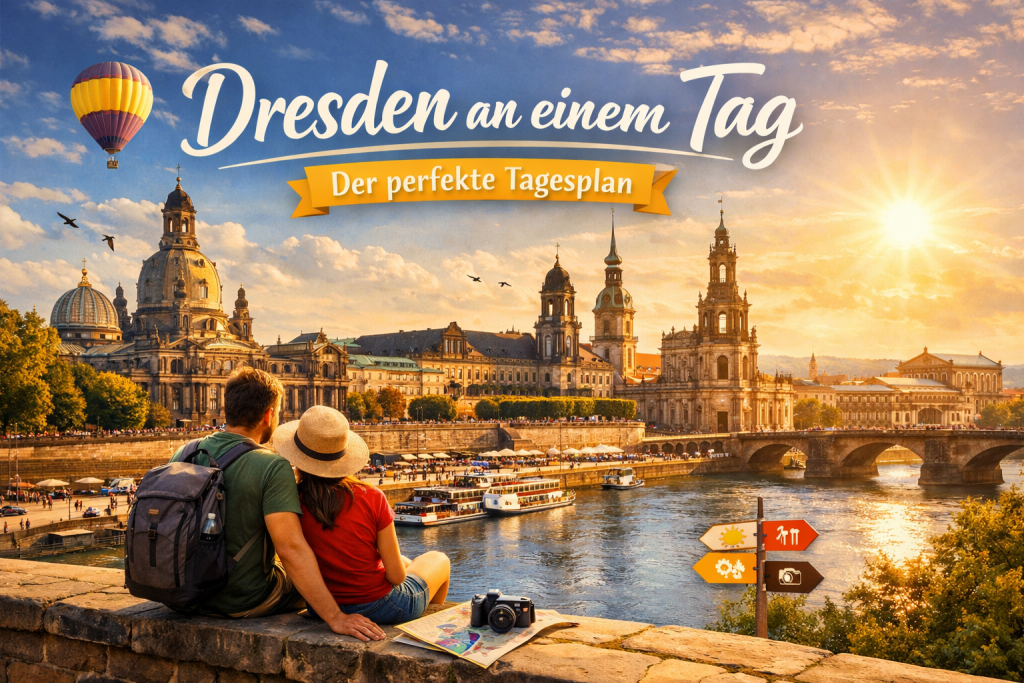 Paar mit Rucksäcken blickt über die Elbe auf die Dresdner Altstadt mit Frauenkirche, Hofkirche und Augustusbrücke im warmen Abendlicht.