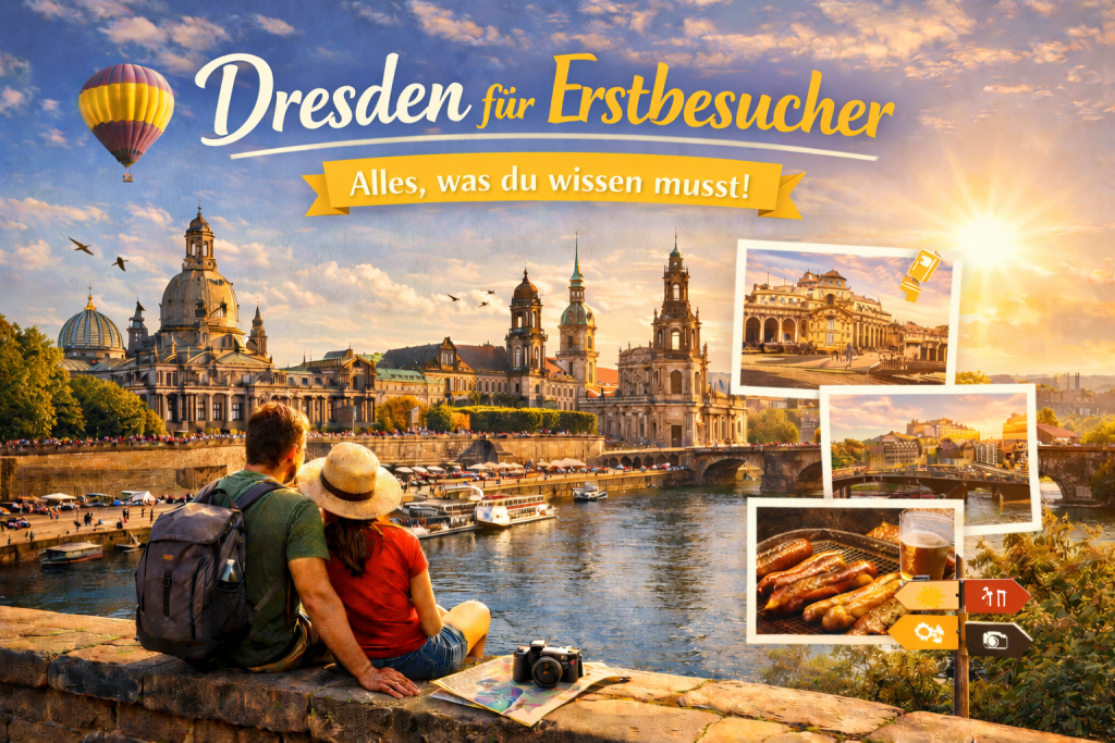 Atmosphärisches Dresden-Bild mit Elbe, barocker Altstadt und Abendsonne, ergänzt durch kleine Motive mit Sehenswürdigkeiten und typischen Eindrücken für einen Wochenendtrip.