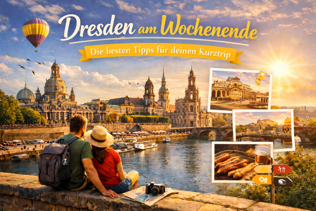 Atmosphärisches Dresden-Bild mit Elbe, barocker Altstadt und Abendsonne, ergänzt durch kleine Motive mit Sehenswürdigkeiten und typischen Eindrücken für einen Wochenendtrip.