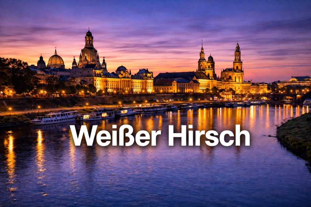 Historische Skyline von Dresden in der Abenddämmerung mit Frauenkirche und Elbufer.