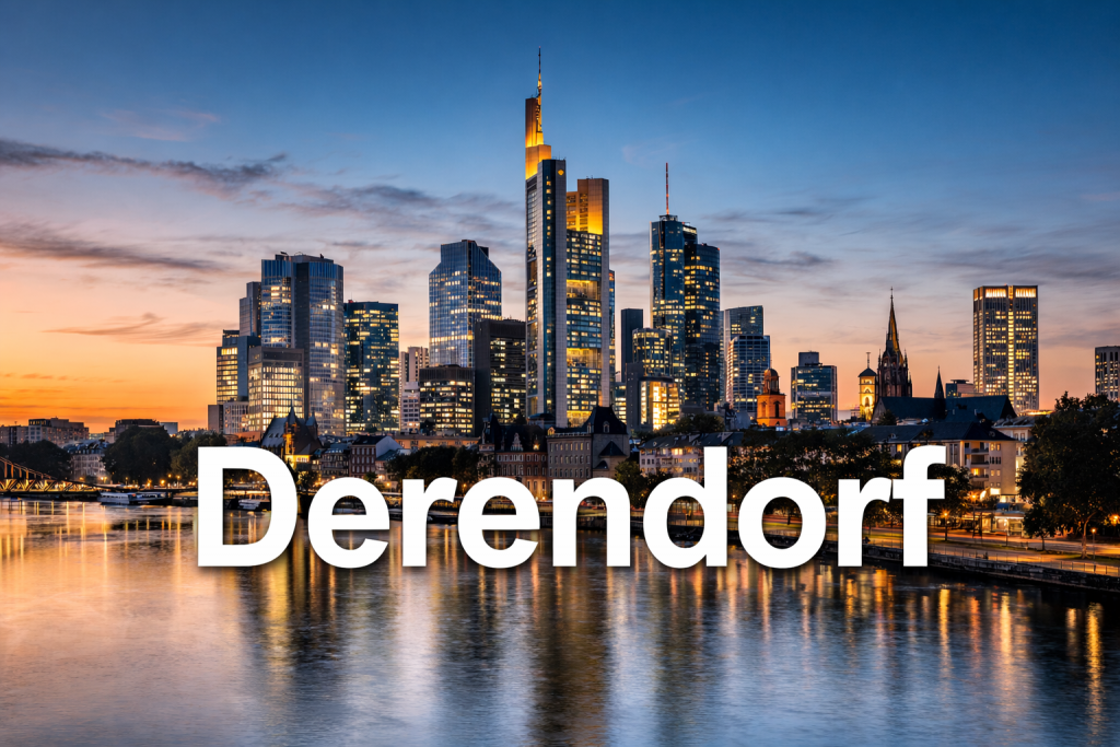 Frankfurter Skyline bei Abenddämmerung mit beleuchteten Wolkenkratzern und Spiegelung im Main.