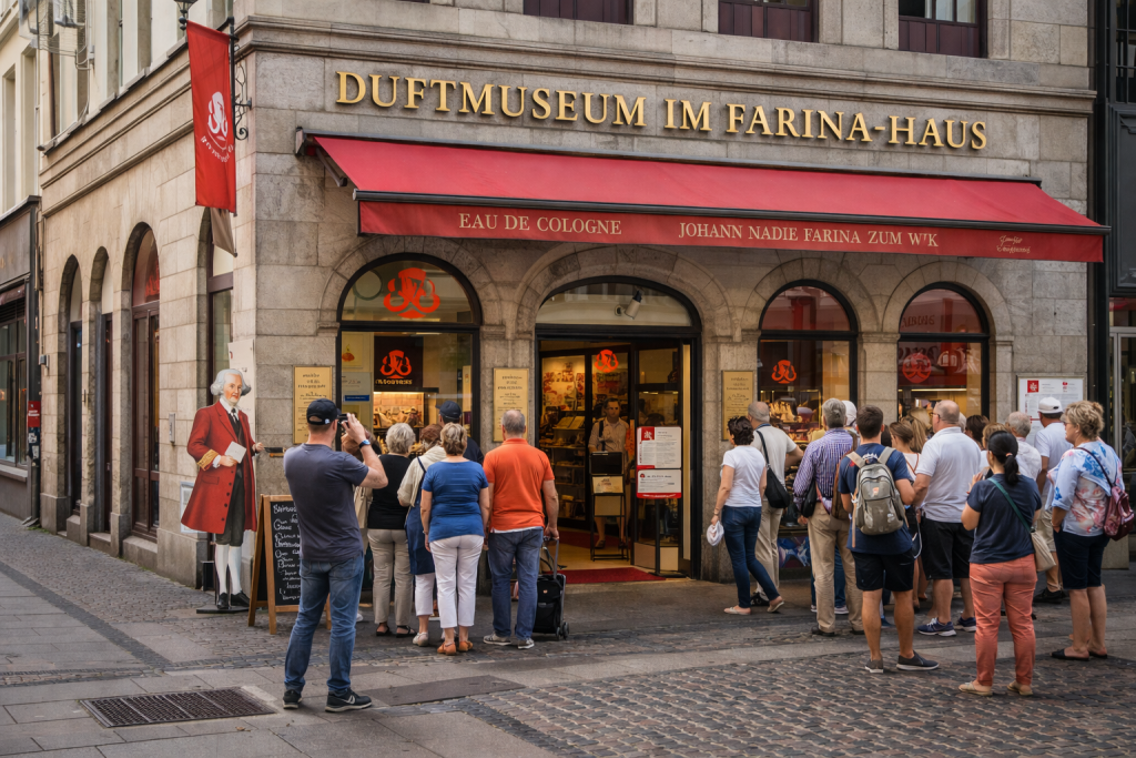 Eingang des Duftmuseums im Farina Haus in Köln mit Besuchern vor dem historischen Gebäude.