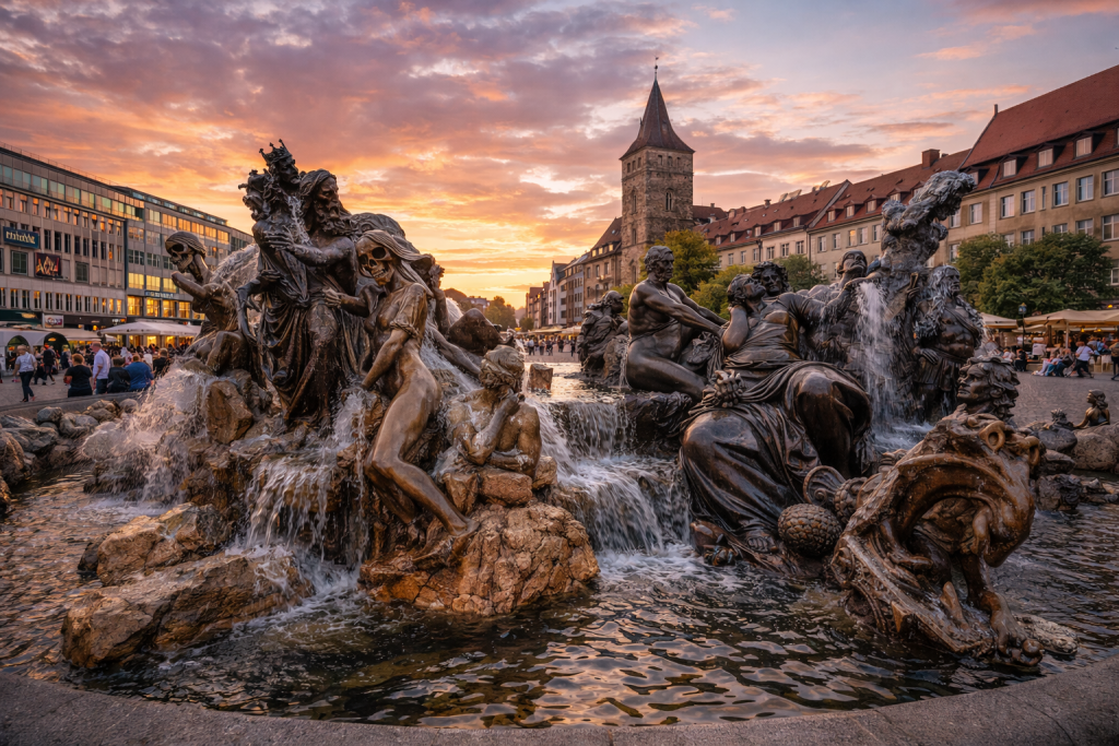 Der Ehekarussell Brunnen in Nürnberg mit seinen detailreichen Figuren am Ludwigsplatz, der verschiedene Szenen einer Ehe darstellt.