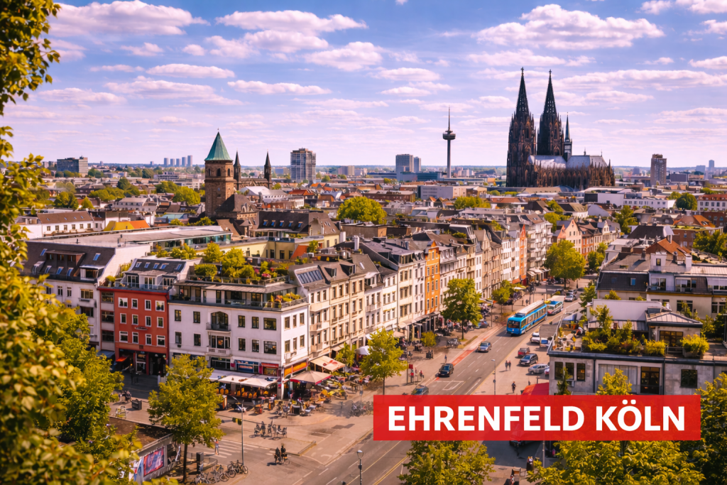Kölner Viertel Ehrenfeld mit Graffiti-Kunst, Cafés, Straßenbahn und urbaner Atmosphäre.