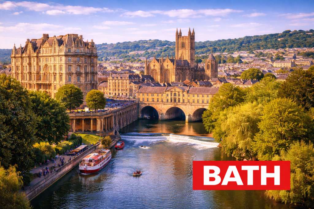 Bath mit römischen Bädern, georgianischer Architektur und Blick über die historische Innenstadt.