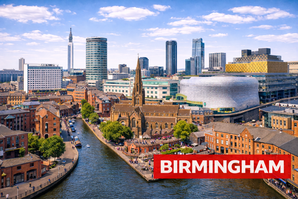 Innenstadt von Birmingham mit moderner Architektur, Kanälen und urbaner Skyline.