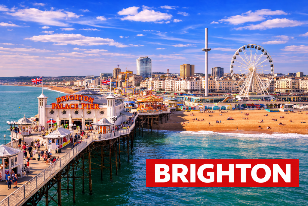 Brighton Seafront mit Brighton Pier, Strand und bunten Häusern entlang der Küste.
