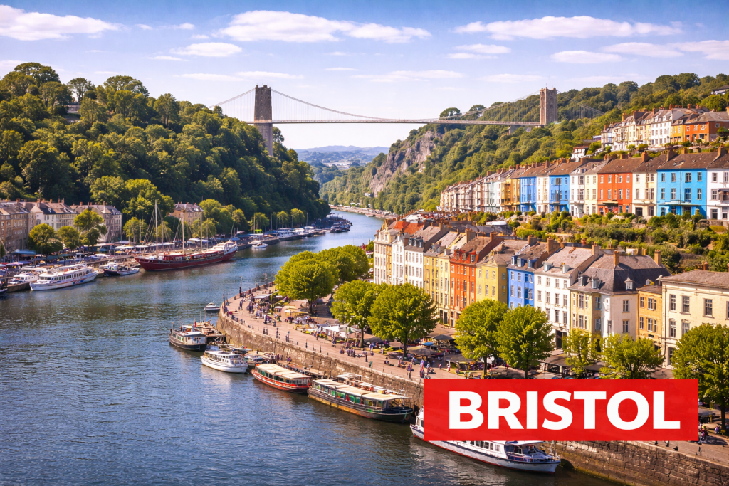 Bristol mit bunten Häusern, Avon Gorge und der Clifton Suspension Bridge.