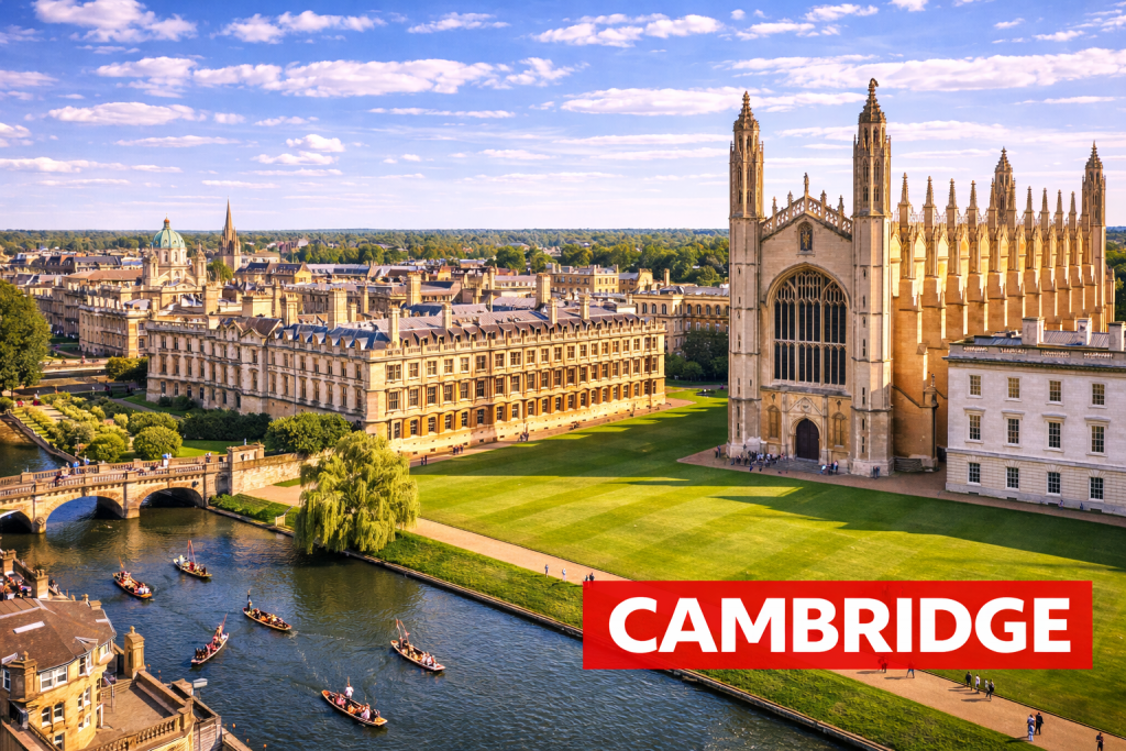 Cambridge mit historischen Colleges, Fluss Cam und typischer Universitätsarchitektur.