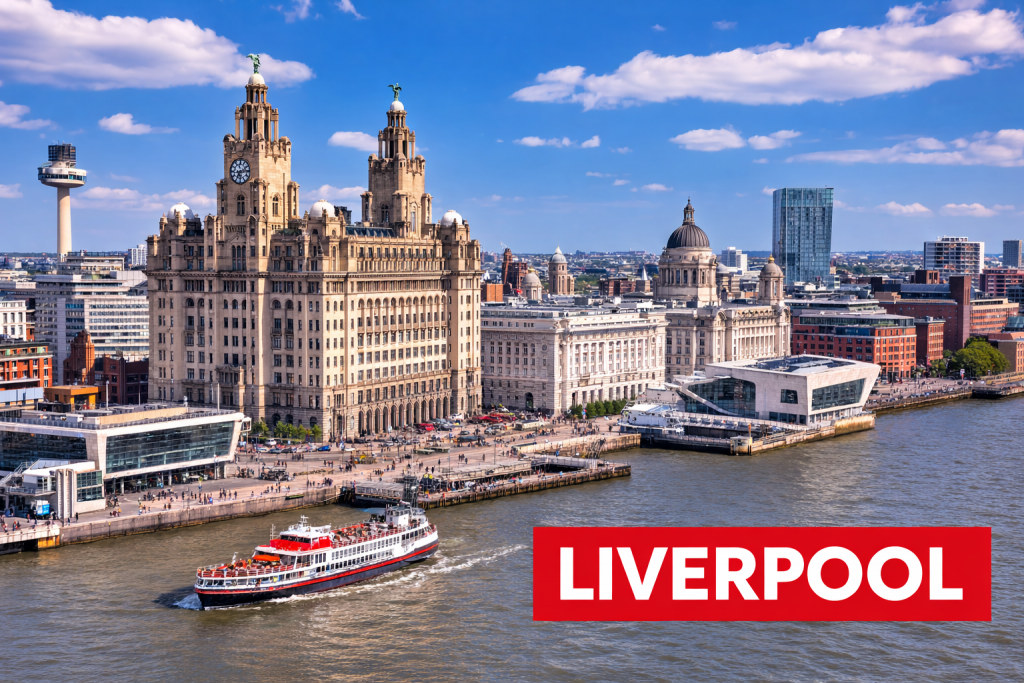 Liverpool Waterfront mit den Three Graces, Hafen und Blick über den River Mersey.