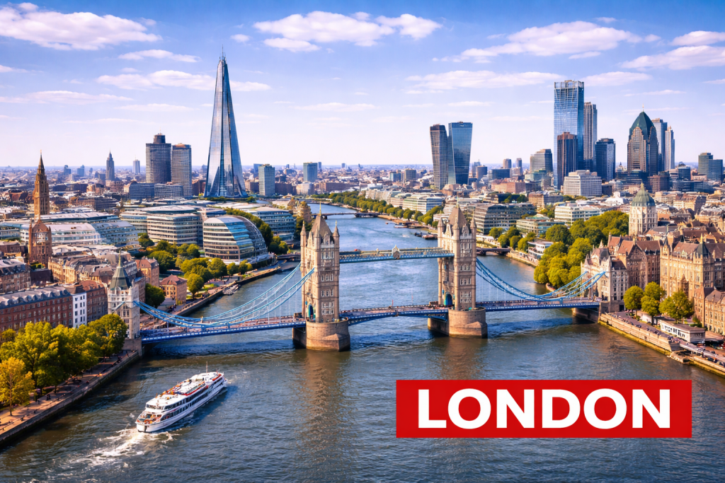 Skyline von London mit Themse, Tower Bridge und moderner City-Silhouette unter blauem Himmel.