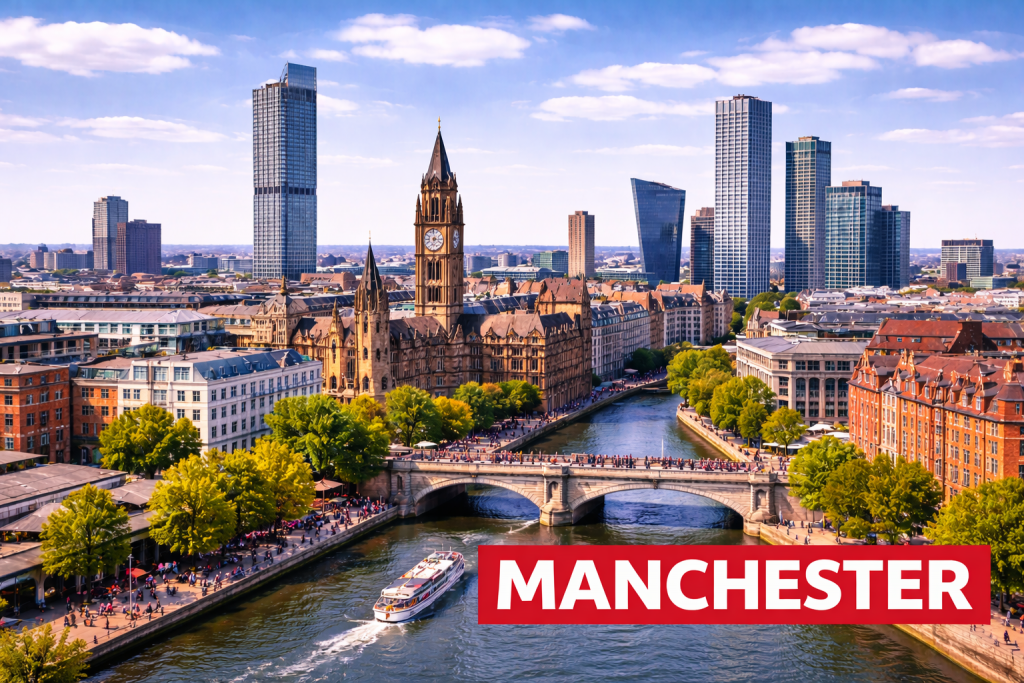 Stadtblick über Manchester mit moderner Skyline, historischen Backsteingebäuden und Kanälen.