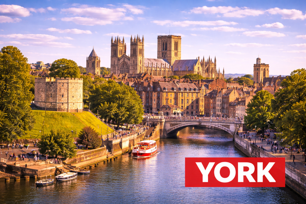 York mit mittelalterlicher Altstadt, York Minster und historischen Fachwerkhäusern.